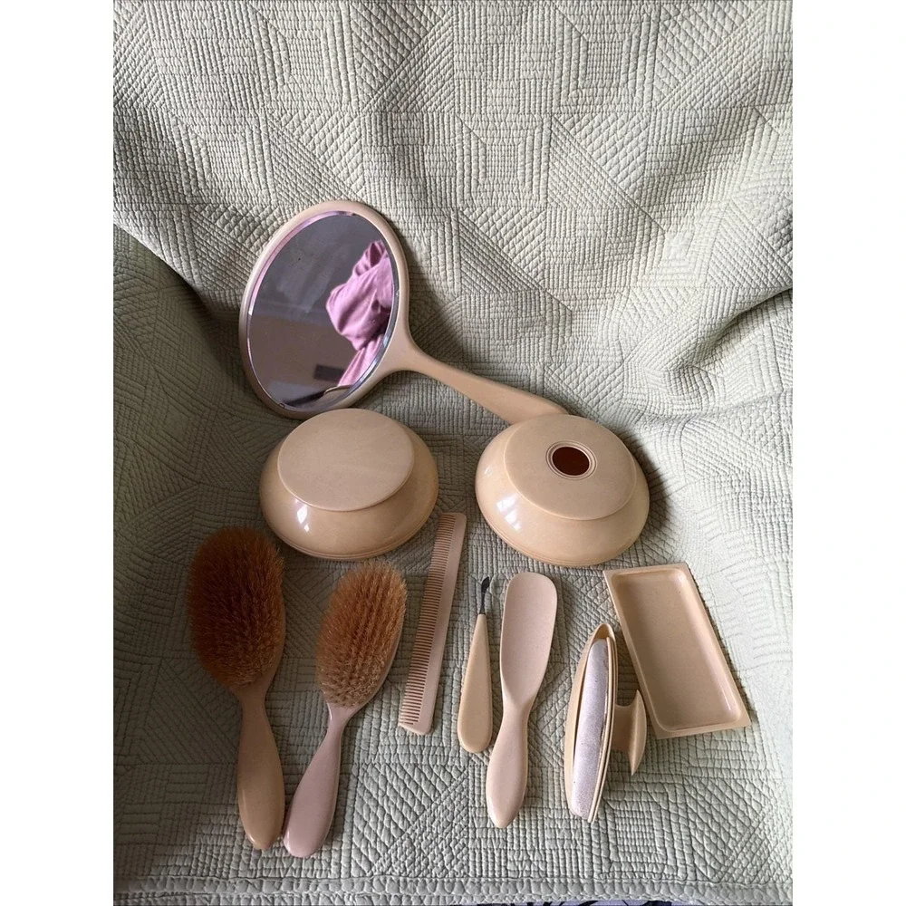 Vtg 1940-50s Vanity Dresser Set 13pc Celluloid Bakelite Brush Comb Mirror Ivory